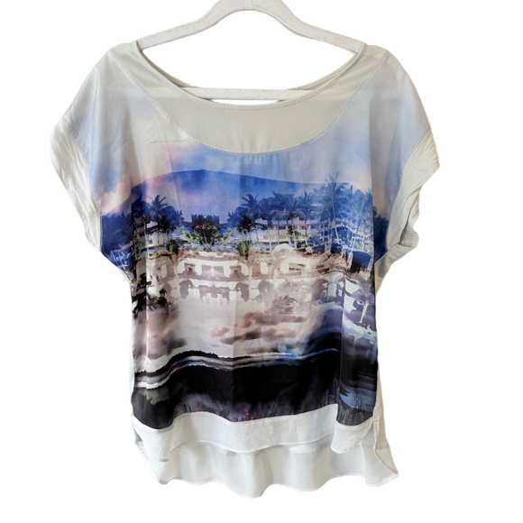 Joe Fresh Graphic Landscape Blouse in White and Blue Women’s L - Picture 1 of 7